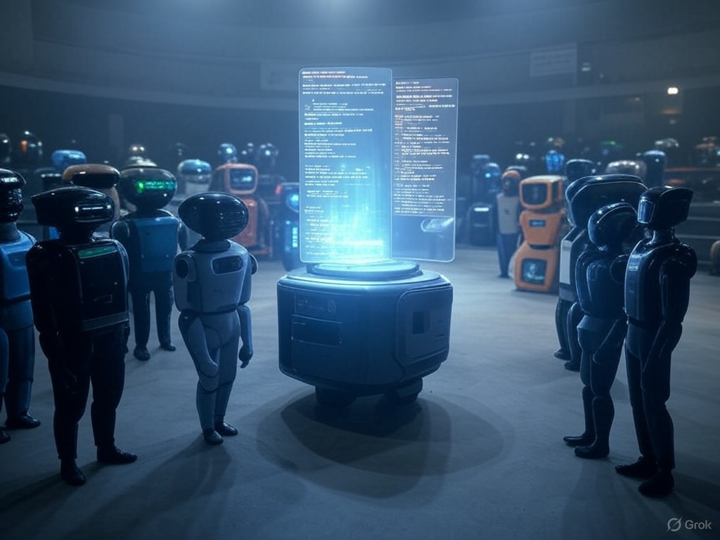 multiple blue hologram / robots focused on a cilndrical power source