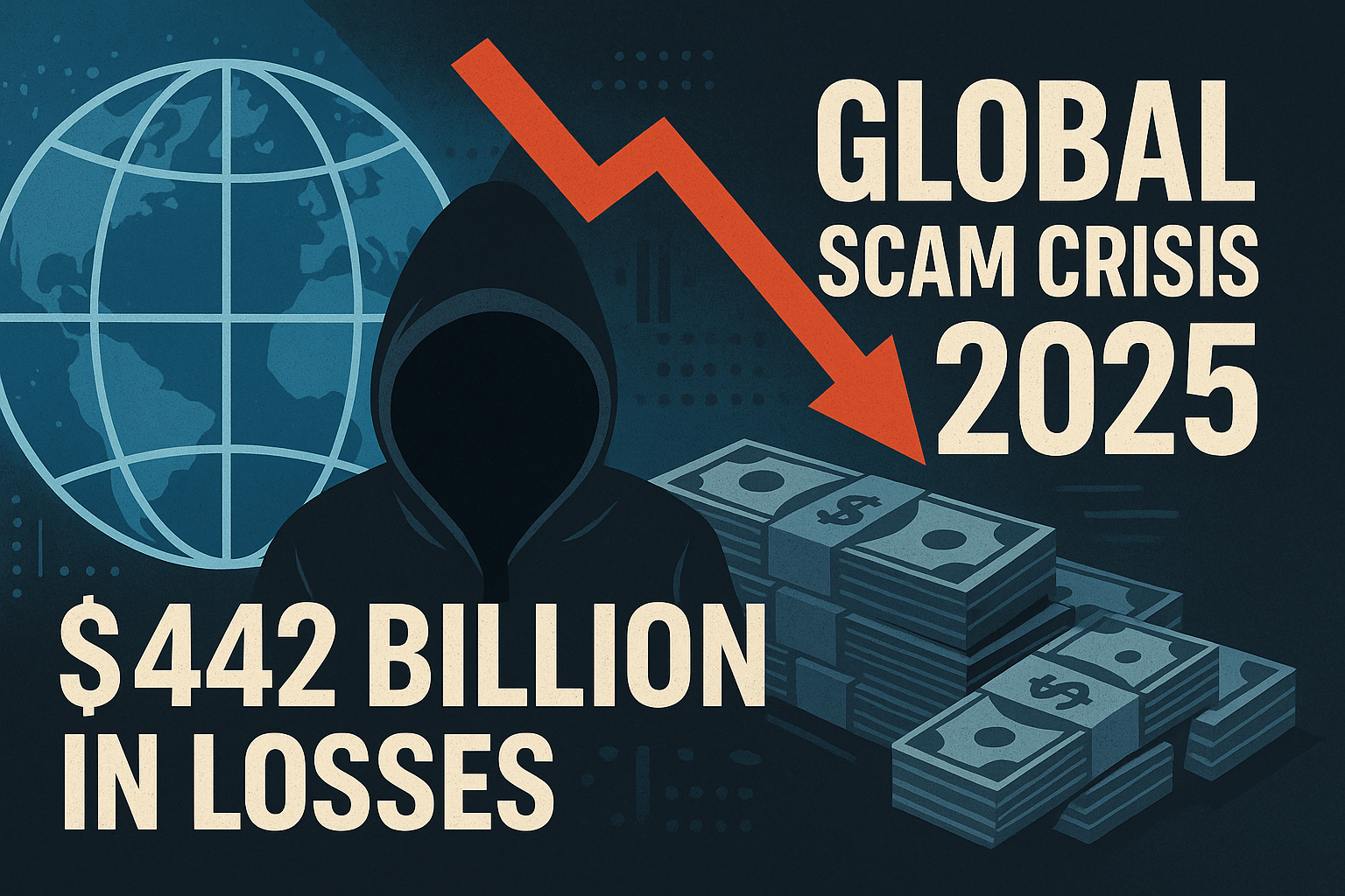 Visual representation of global digital scam crisis in 2025 with $442 billion in losses