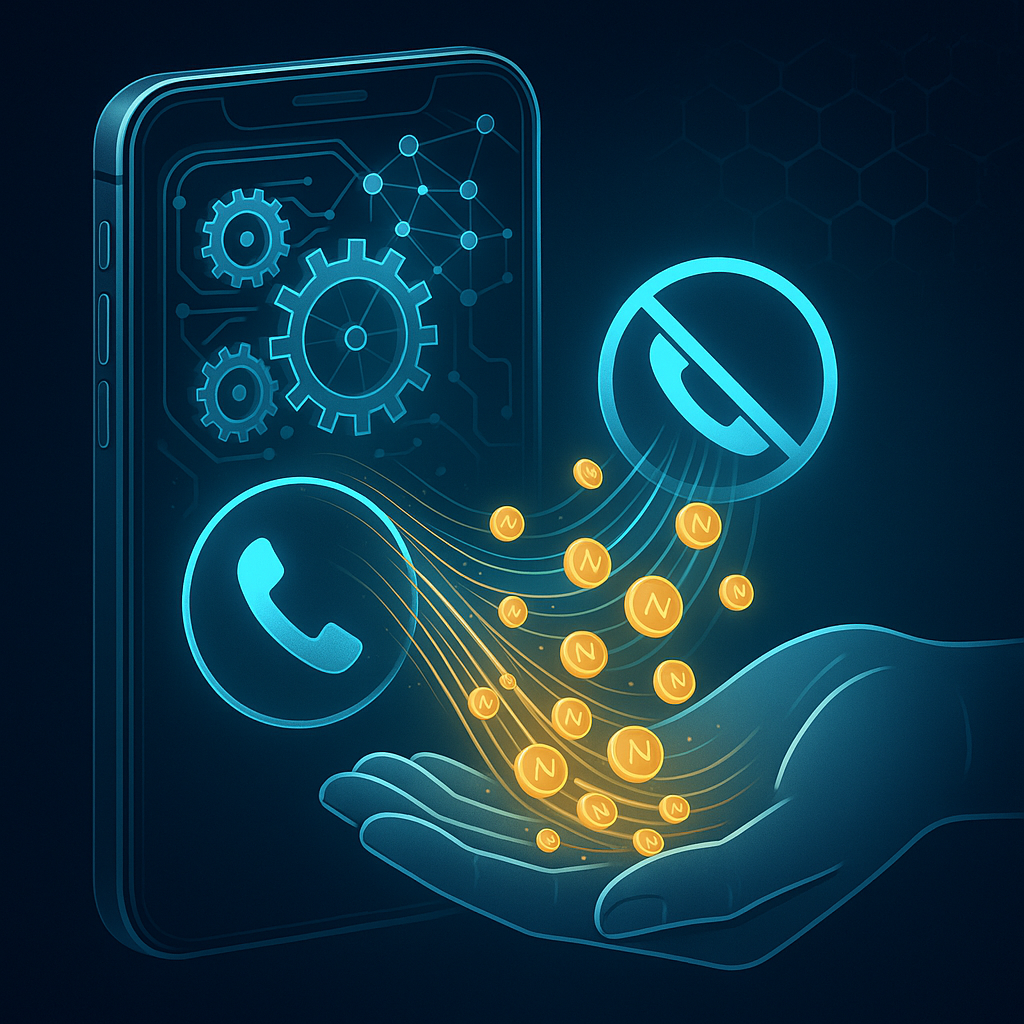 Illustration showing nano blockchain technology powering FynCom's instant reward system